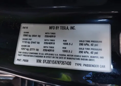 2019 Tesla Model 3 Long Range/Mid Range/Standard Range/Standard Range Plus from USA, damaged, VIN 5YJ3E1EA7KF357430